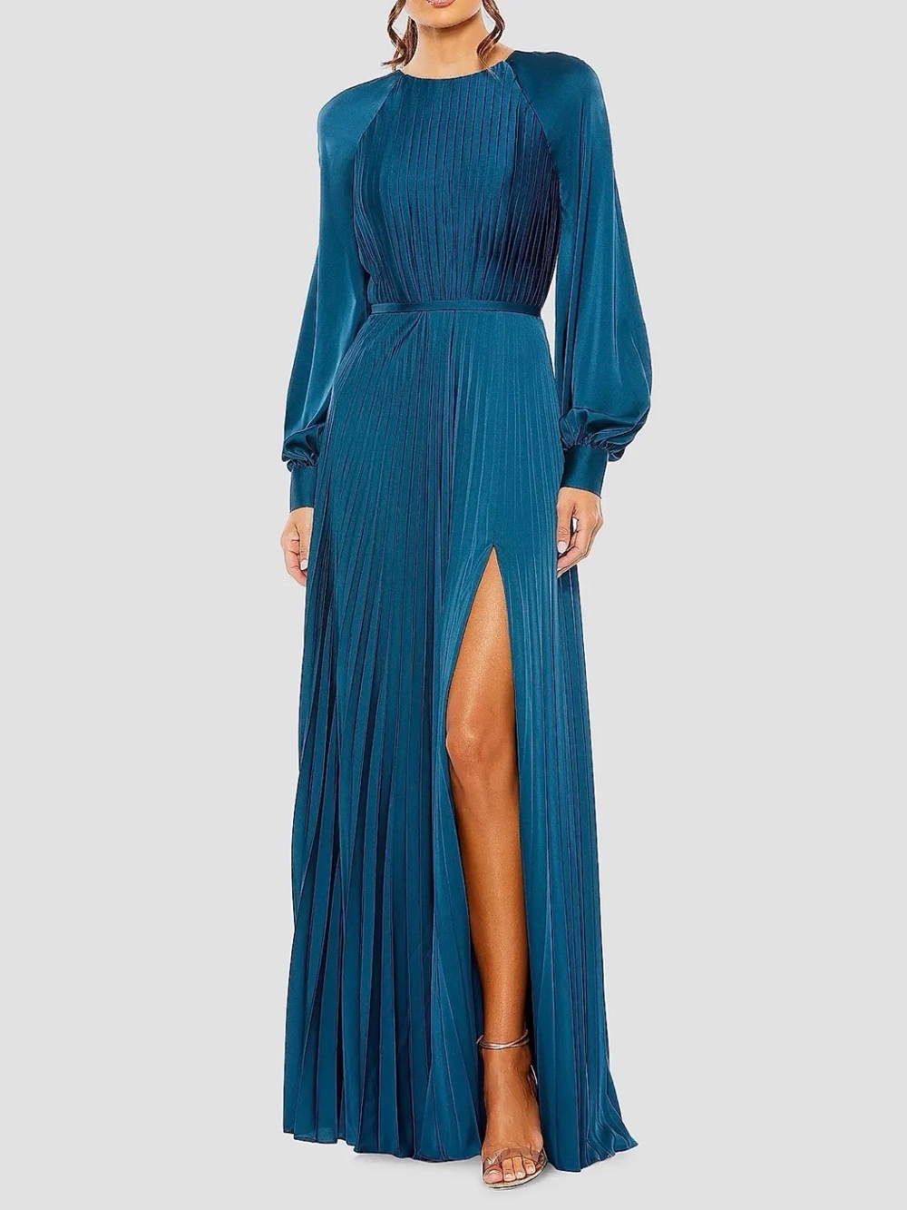 Elegant Teal Pleated Long-Sleeve Maxi Dress with Thigh Slit Formal
